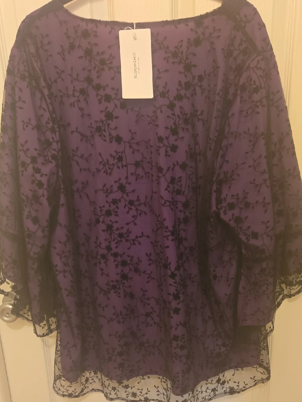 BloomChic Purple and Black Lace Overlay Women's Top, Plus Size, Sheer w/lining. - Picture 3 of 9